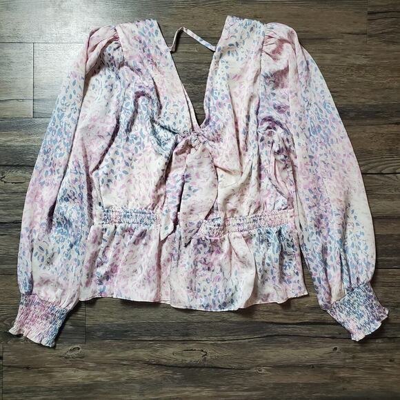 Express Women Chiffon Pastel Balloon Sleeves Wrap Babydoll Top Size Large Whimsy - Picture 6 of 10